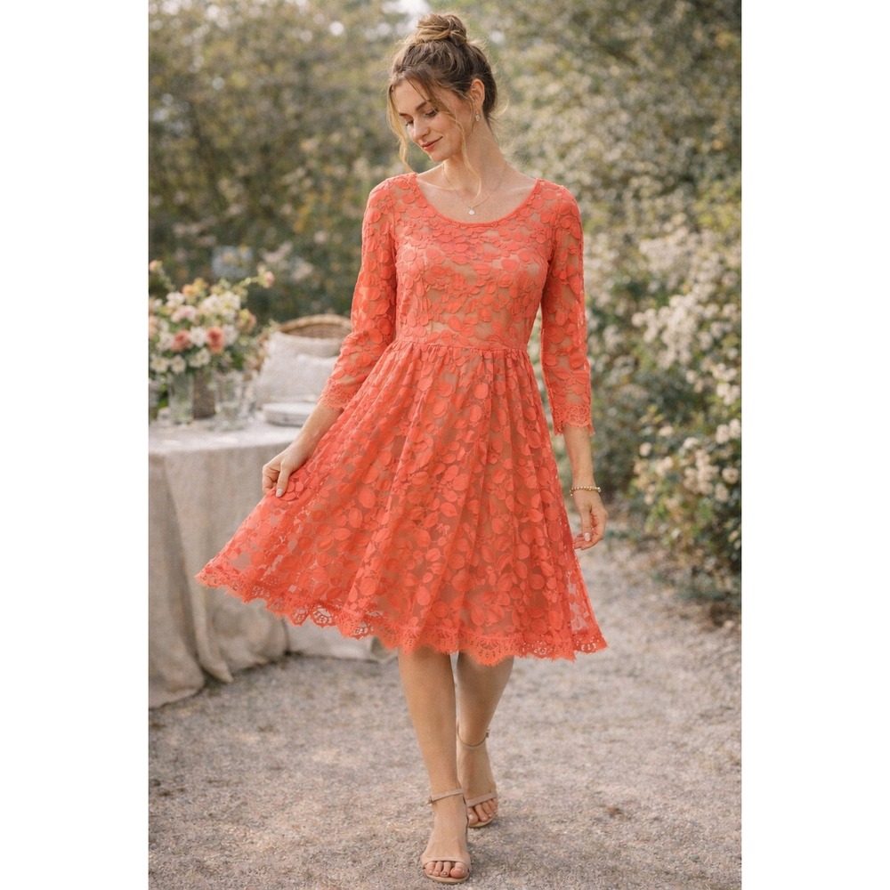 Coral Orange Sheer Overlay Floral Lace Fit Flare Party Wedding Guest Dress Sz L